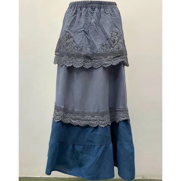 Retro Bohemian Maxi Skirt - Non-Stretchy Loose Fit Long & Flowy with Lace Trim - Picture 3 of 3